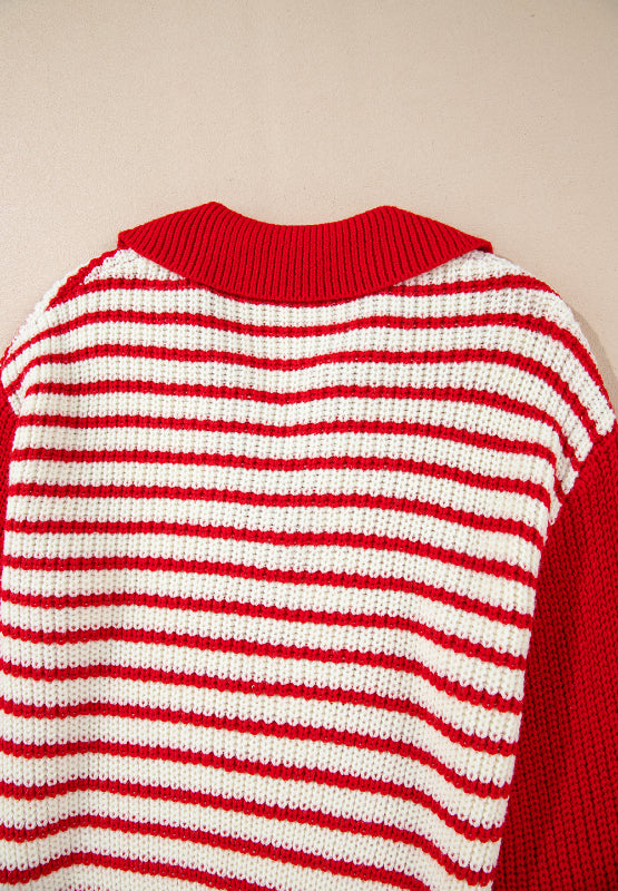 Striped Johnny Collar Long Sleeve Sweater - Charming Charlie