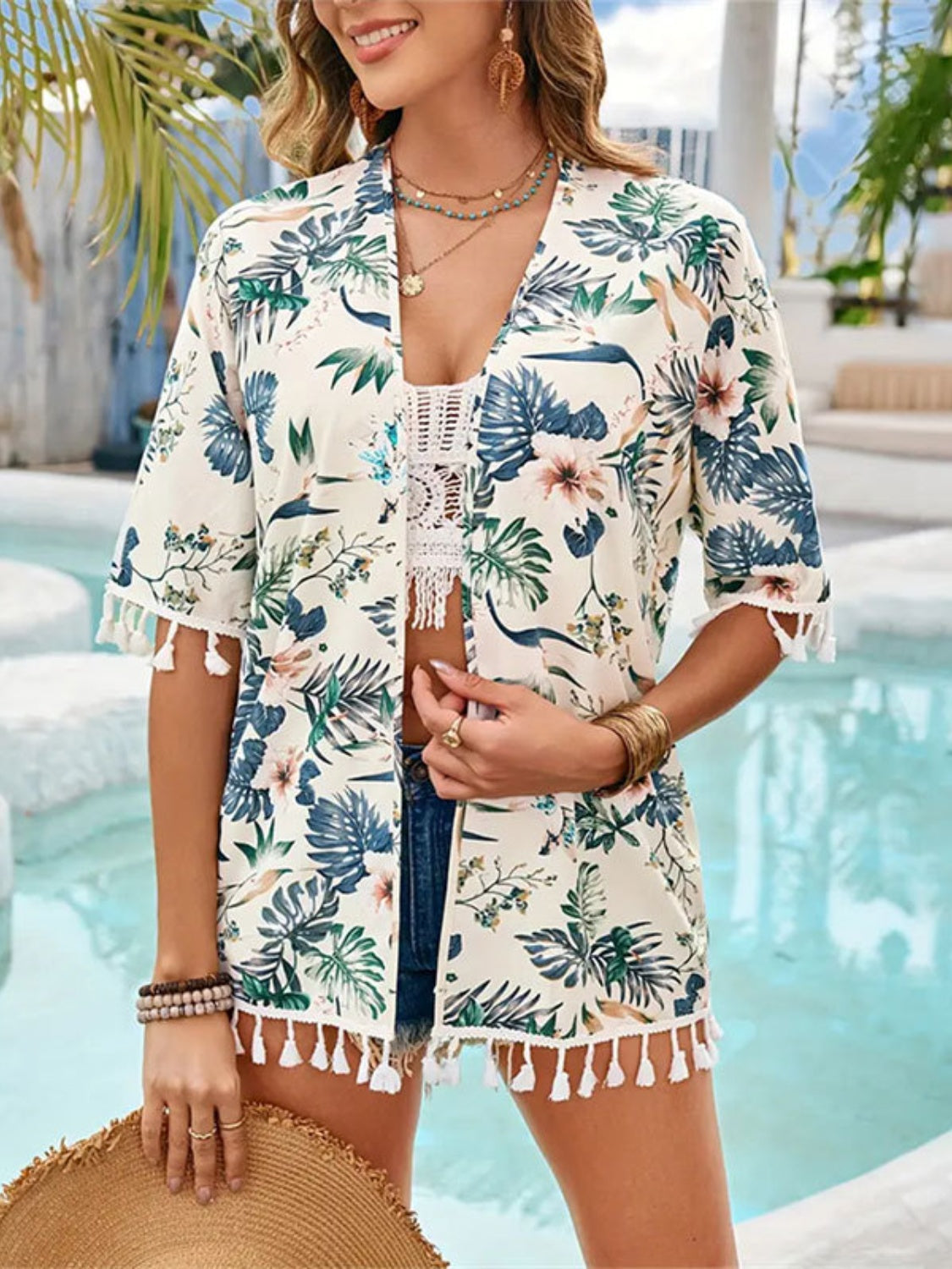 Tassel Printed Open Front Half Sleeve Cover-Up - Charming Charlie