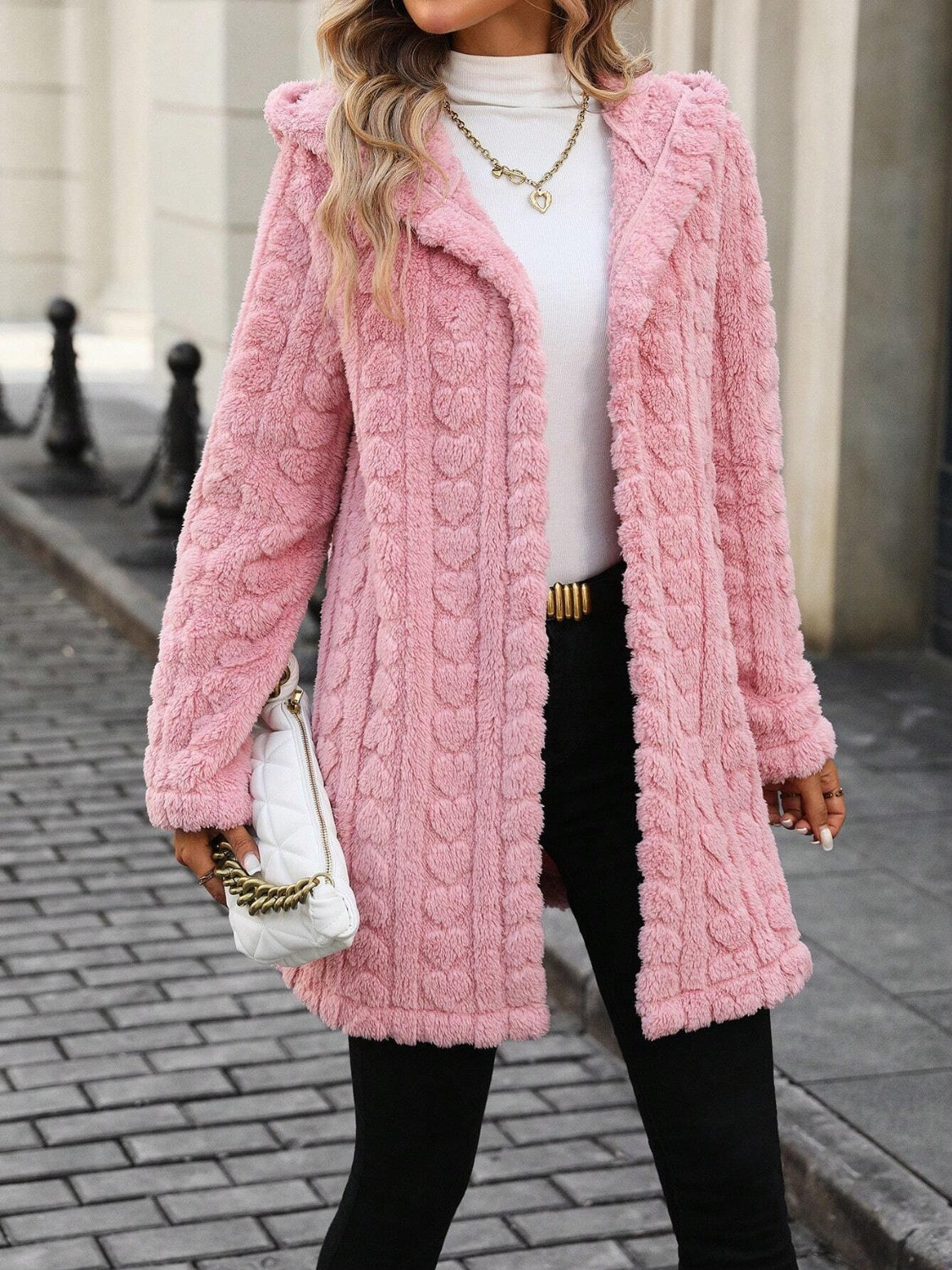 Heart Open Front Hooded Fuzzy Coat - Charming Charlie
