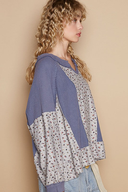 POL Waffle Knit Floral Notched Long Sleeve Top - Charming Charlie