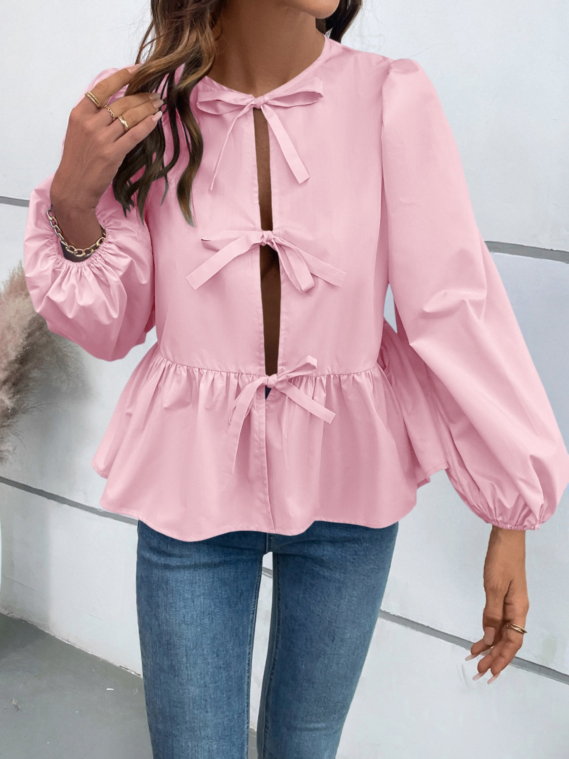 Peplum Tied Long Sleeve Blouse - Charming Charlie