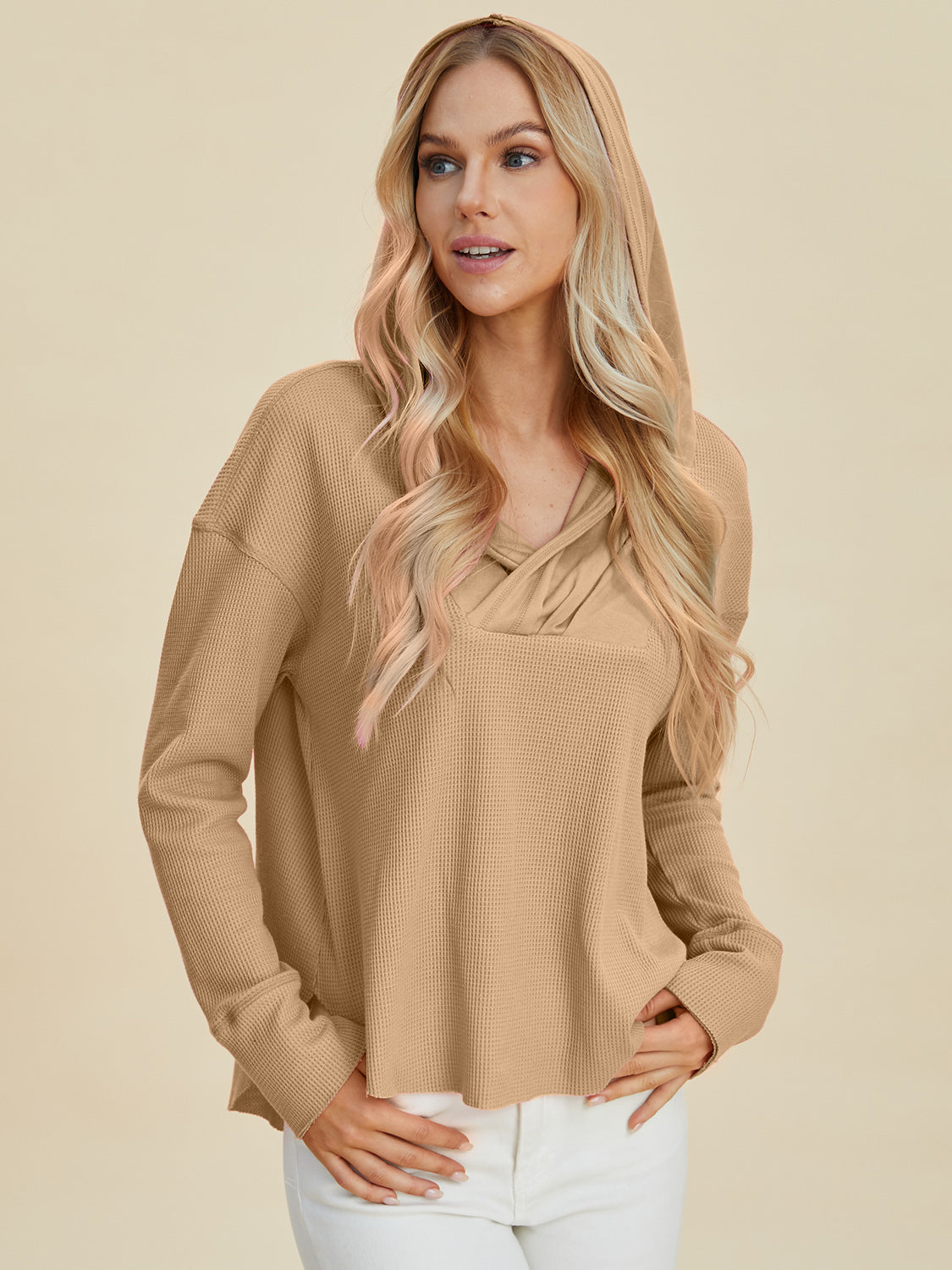 Double Take Full Size High-Low Dropped Shoulder Long Sleeve Hoodie - Charming Charlie