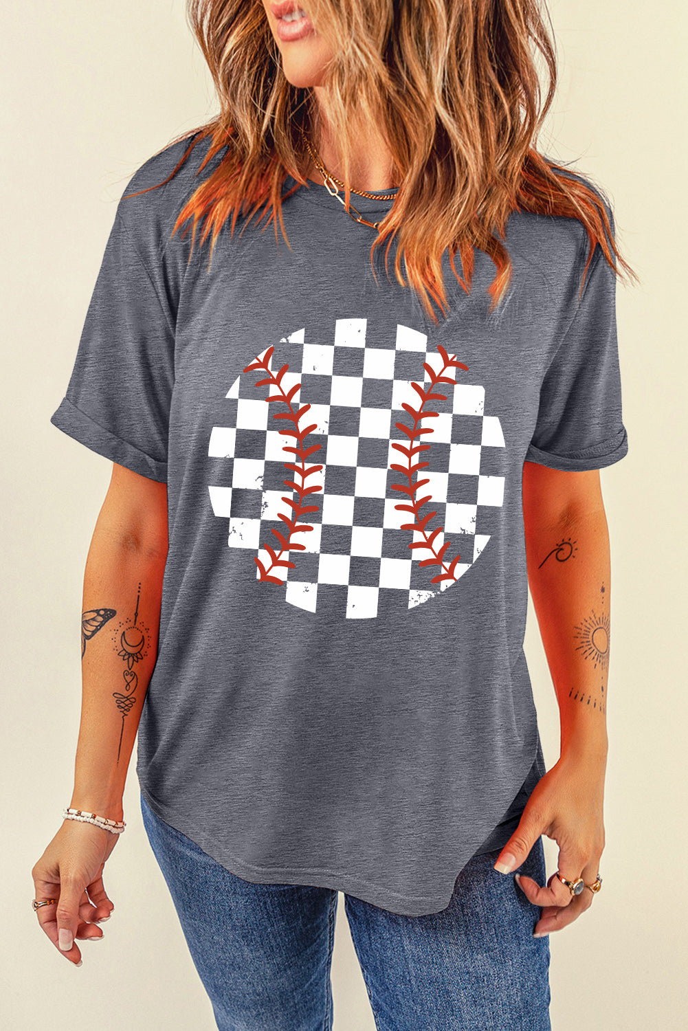 Checkered Graphic Round Neck Short Sleeve T-Shirt - Charming Charlie