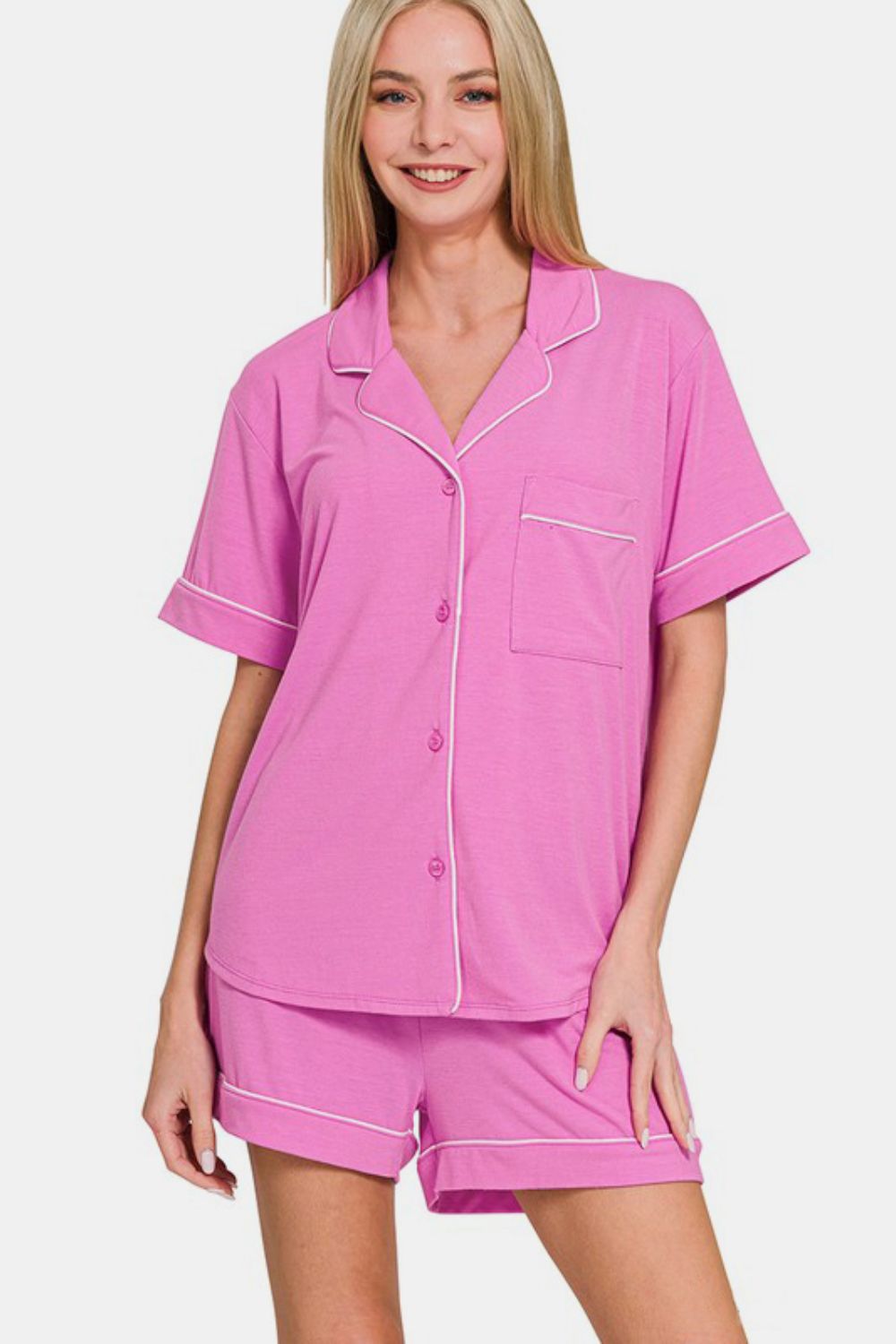Zenana Button Down Short Sleeve Top and Shorts Lounge Set - Charming Charlie