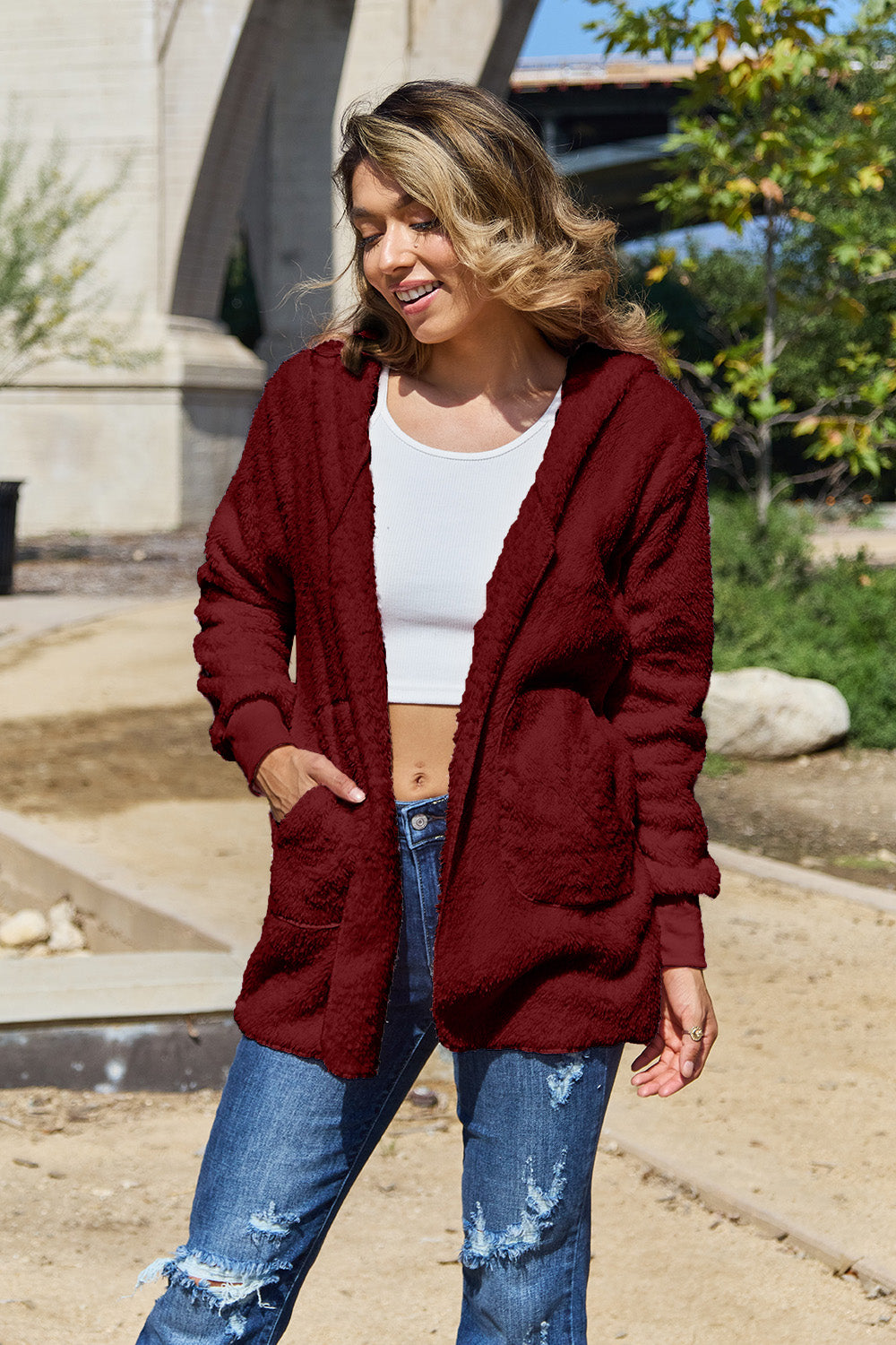 Full Size Teddy Hooded Jacket with Pockets - Charming Charlie