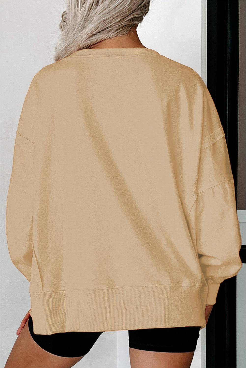 Side Slit Round Neck Long Sleeve Sweatshirt - Charming Charlie