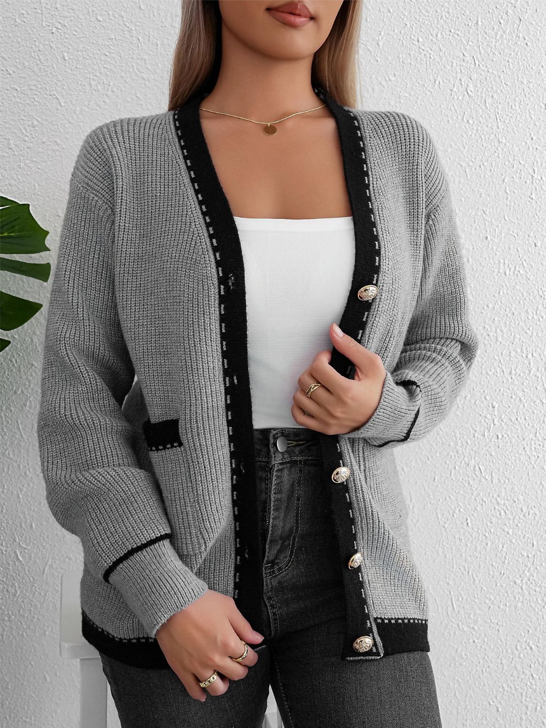 Contrast Trim Button Up Long Sleeve Cardigan - Charming Charlie