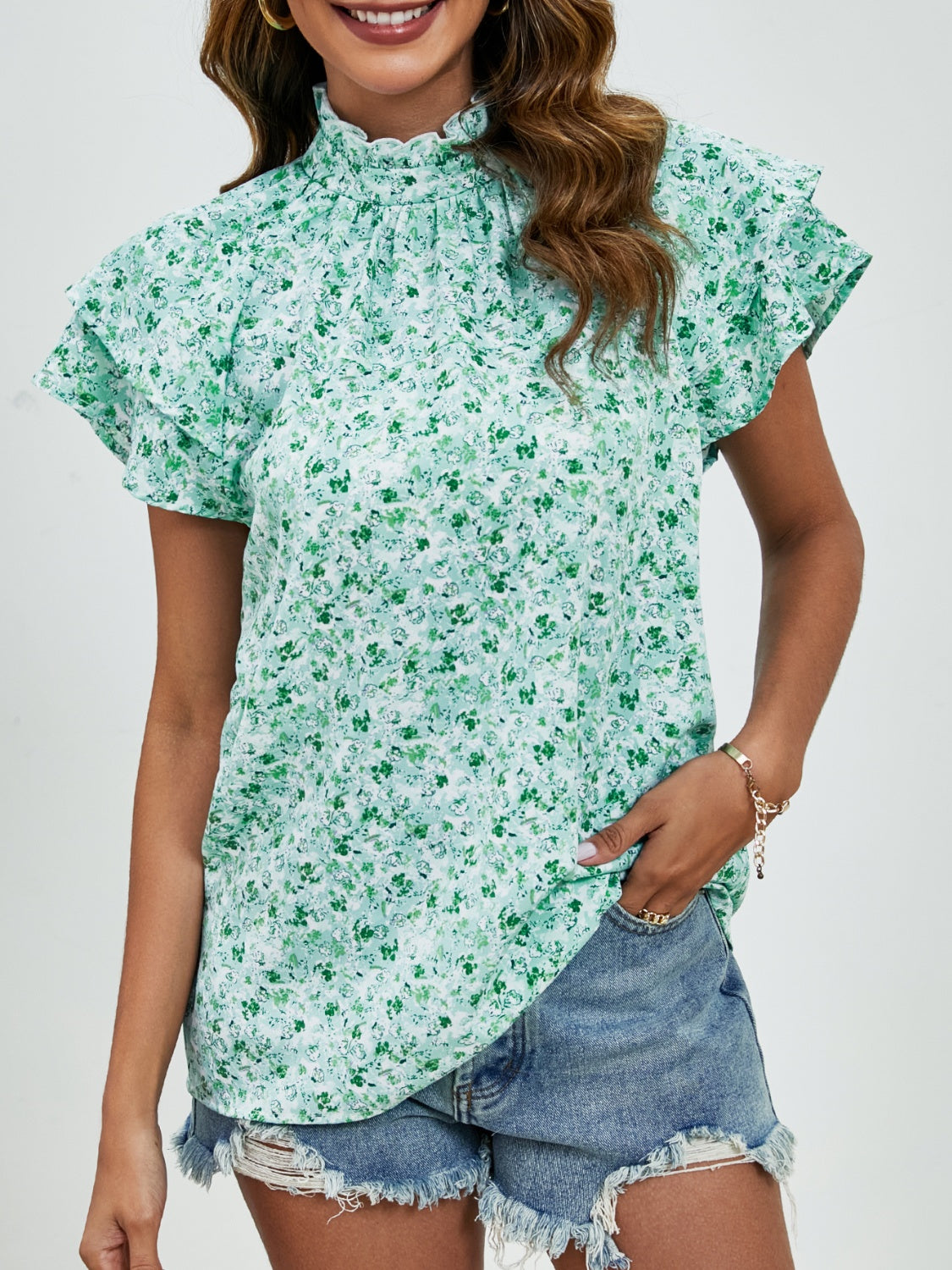 Ditsy Floral Mock Neck Flounce Sleeve Blouse - Charming Charlie