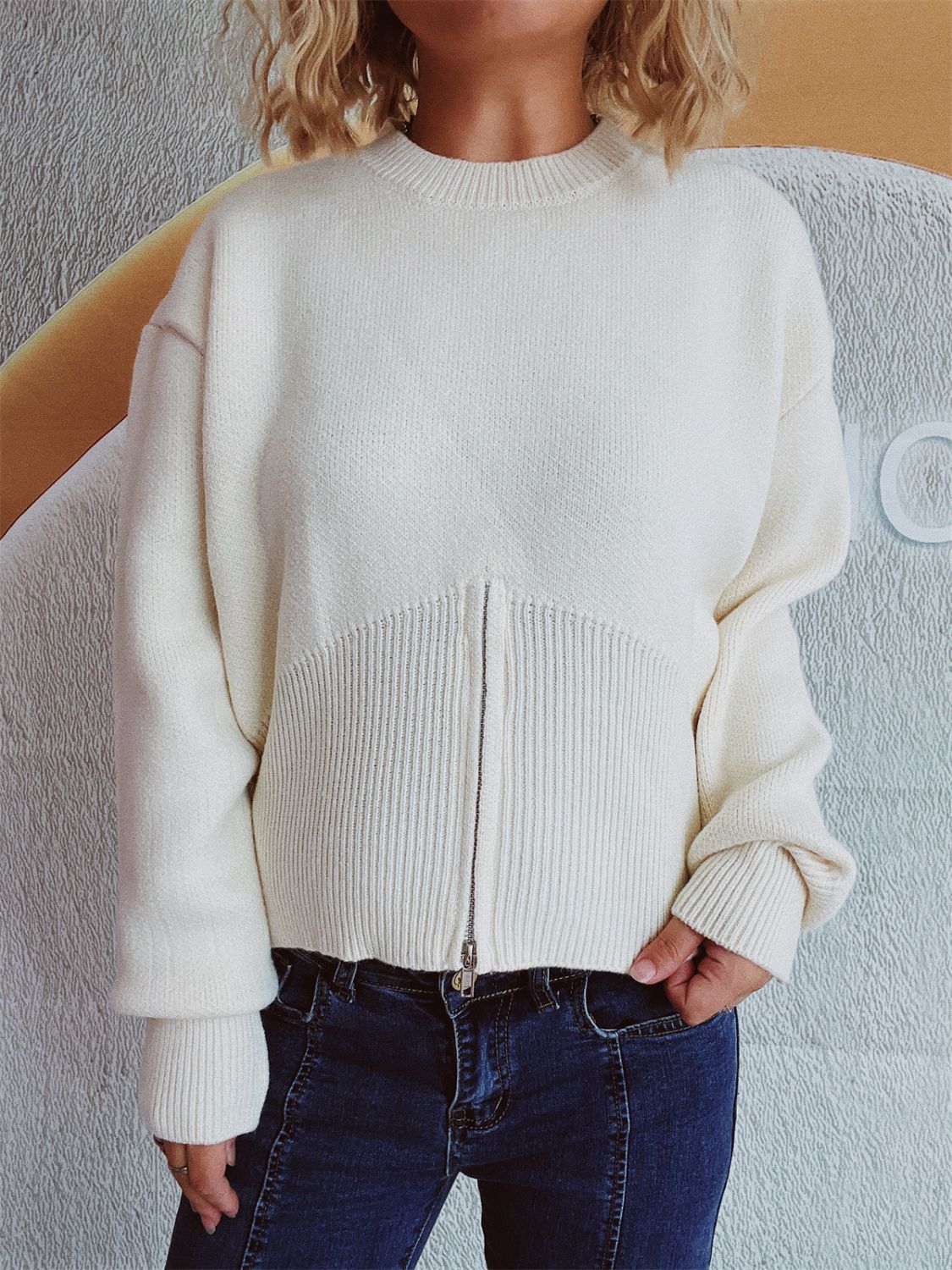 Round Neck Half Zip Long Sleeve Sweater - Charming Charlie