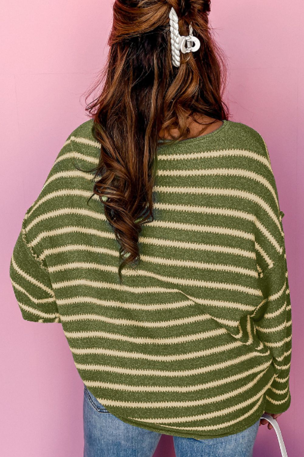 Striped Round Neck Dropped Shoulder Sweater - Charming Charlie