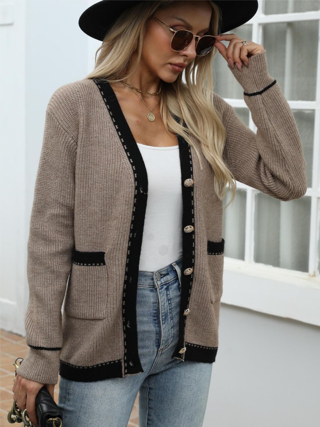 Contrast Trim Button Up Long Sleeve Cardigan - Charming Charlie