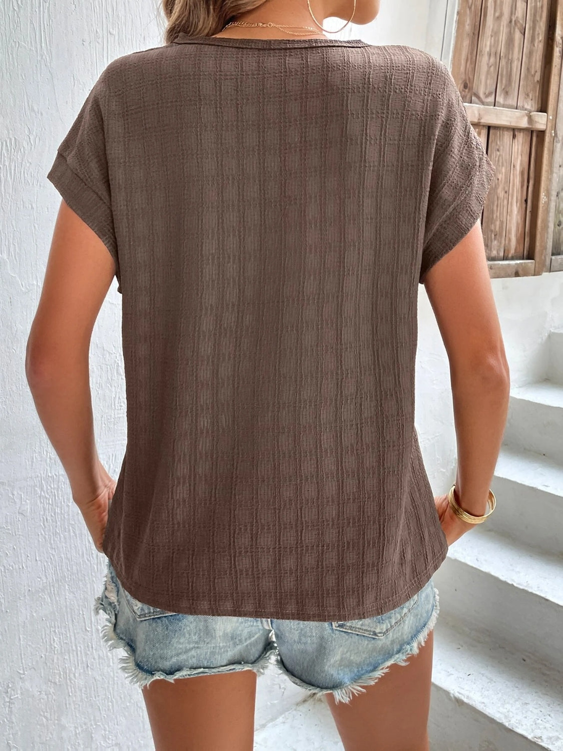 Textured Round Neck Short Sleeve Top - Charming Charlie