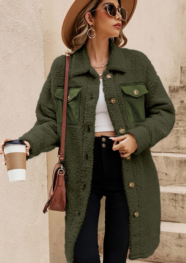 Collared Neck Long Sleeve Longline Teddy Jacket - Charming Charlie