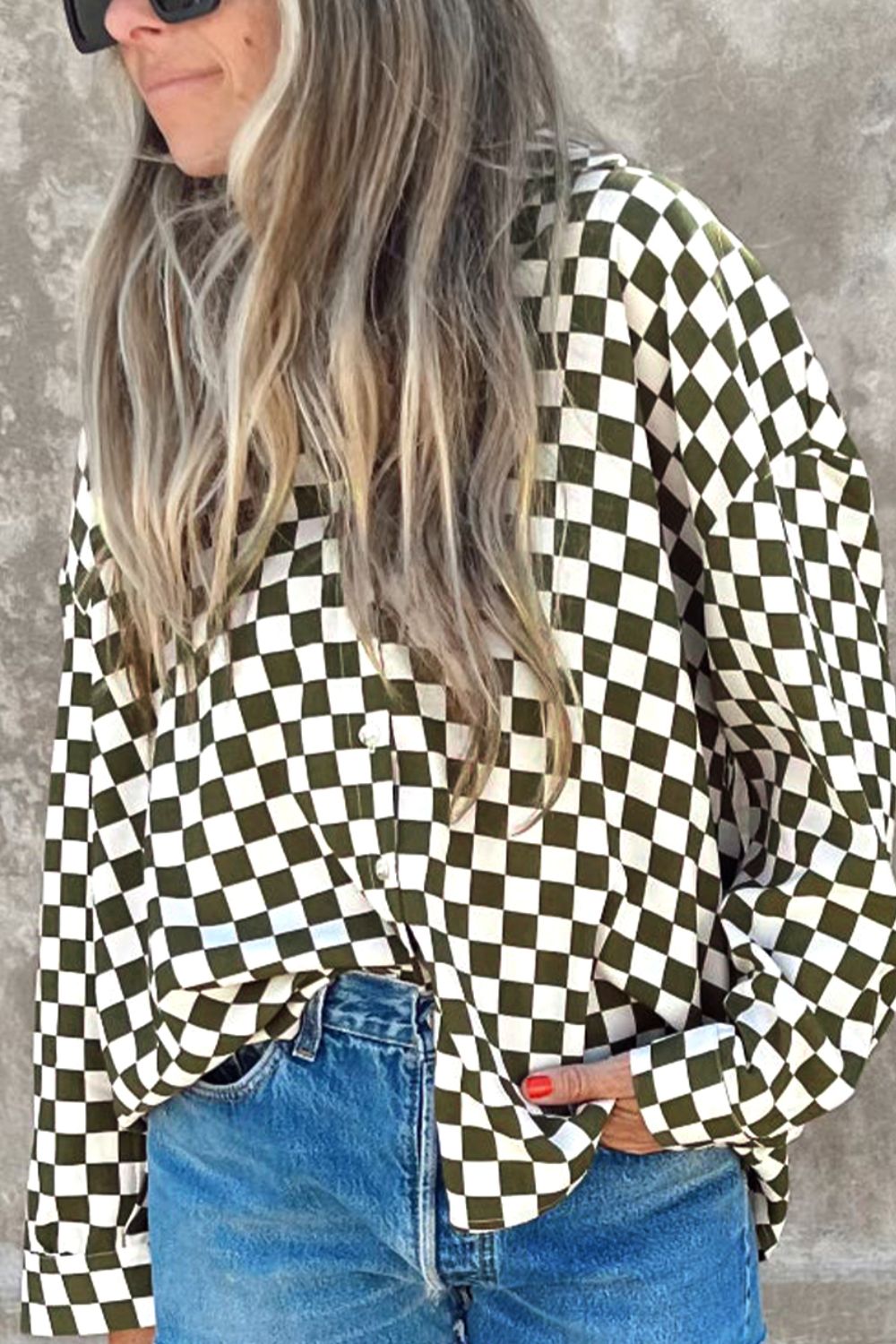 Checkered Collared Neck Long Sleeve Shirt - Charming Charlie