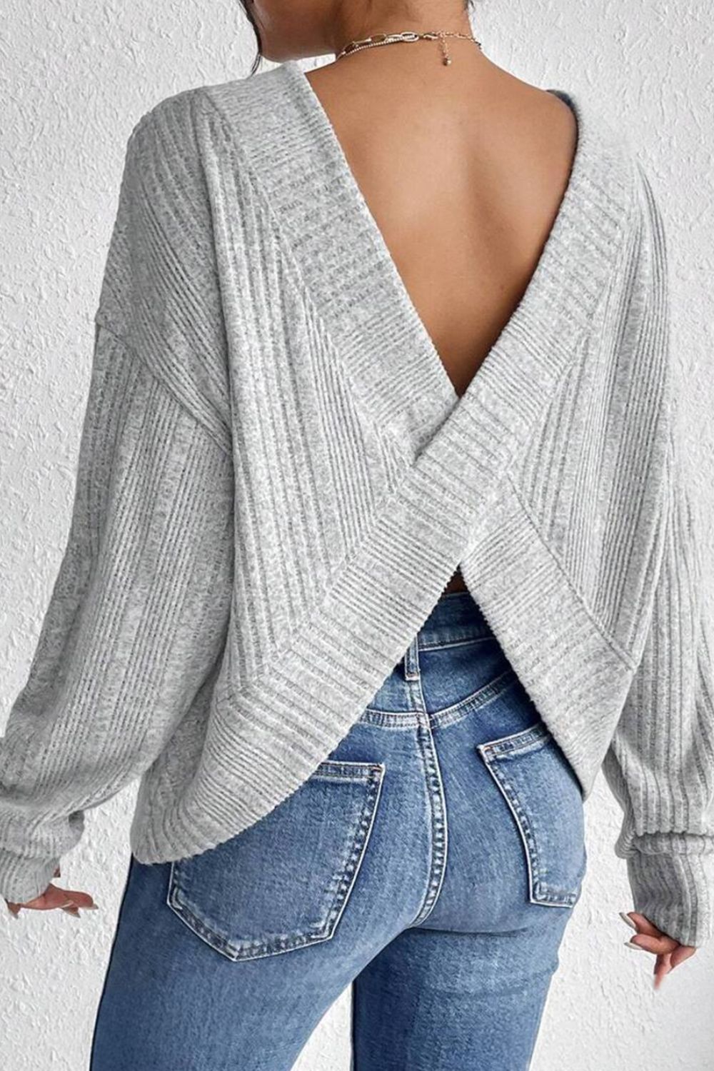 Crossover Backless Long Sleeve Knit Top - Charming Charlie