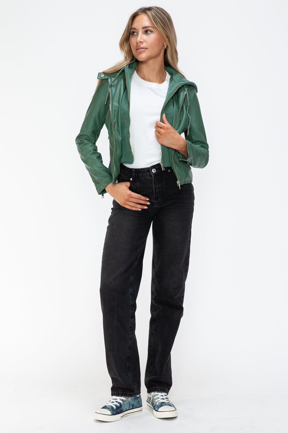 Snobbish Faux Leather Zip Up Drawstring Hooded Jacket - Charming Charlie