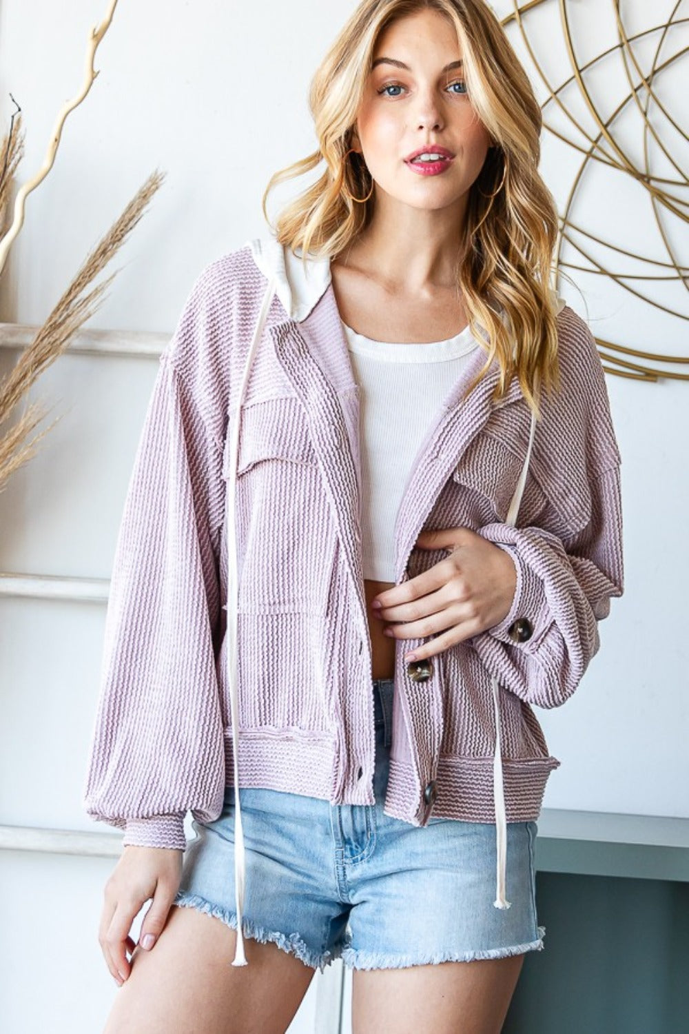 Reborn J Contrast Hooded Button Down Ribbed Jacket - Charming Charlie