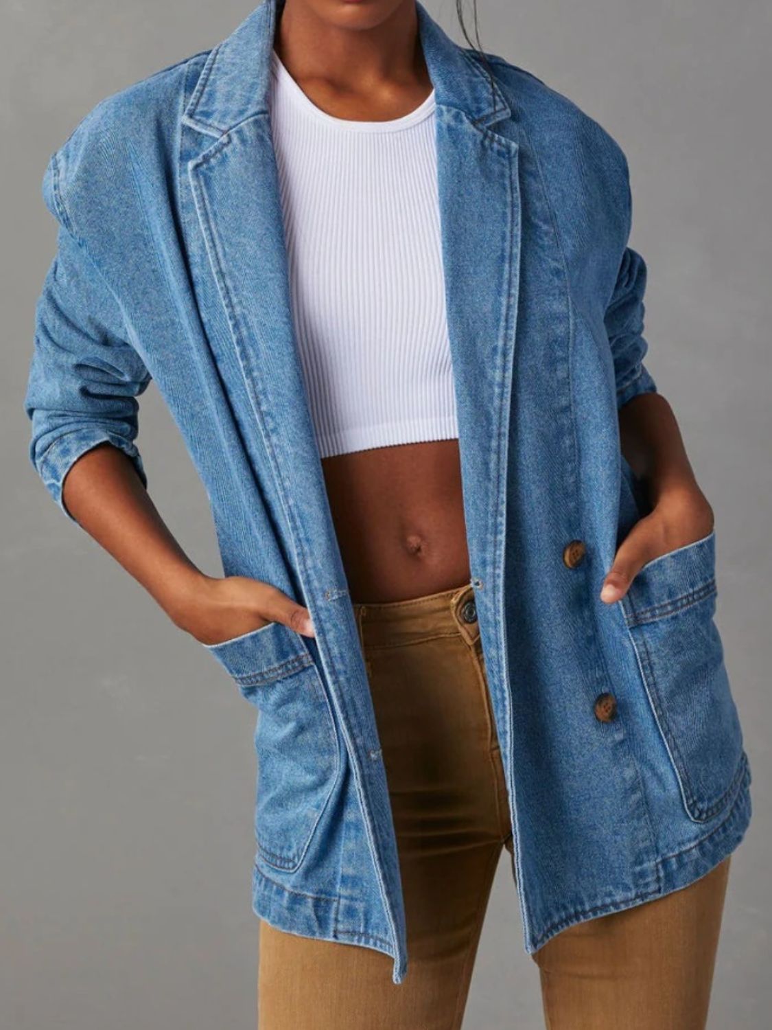 Pocketed Lapel Collar Long Sleeve Denim Jacket - Charming Charlie