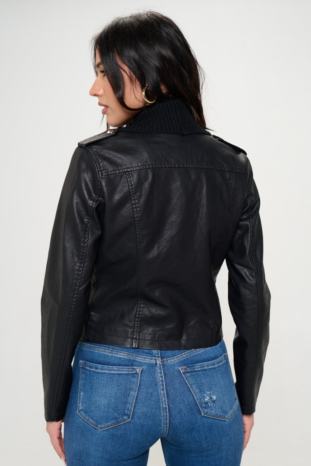 Coalition LA Knit Collared Faux Leather Crop Jacket - Charming Charlie