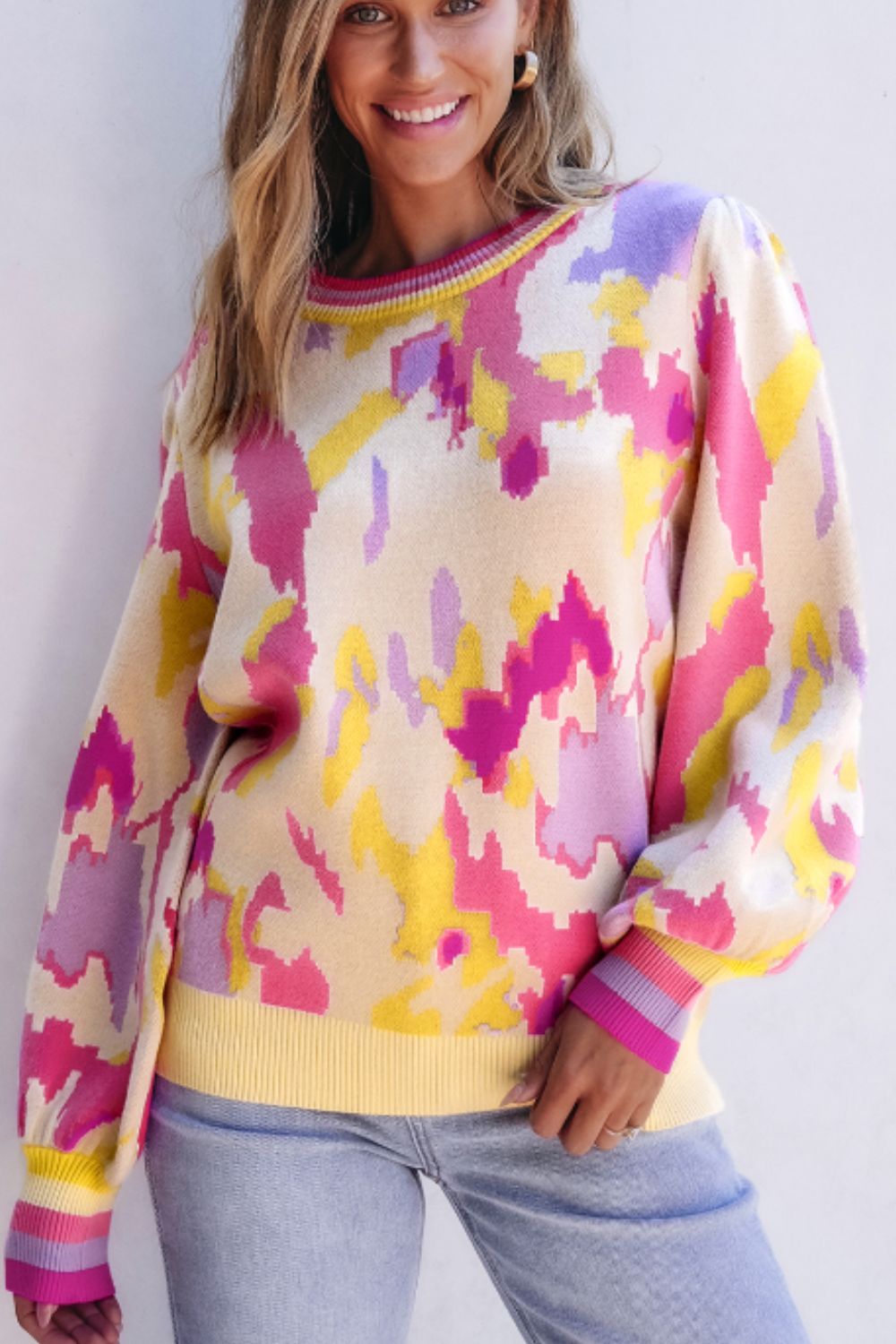 Contrast Round Neck Long Sleeve Sweater - Charming Charlie