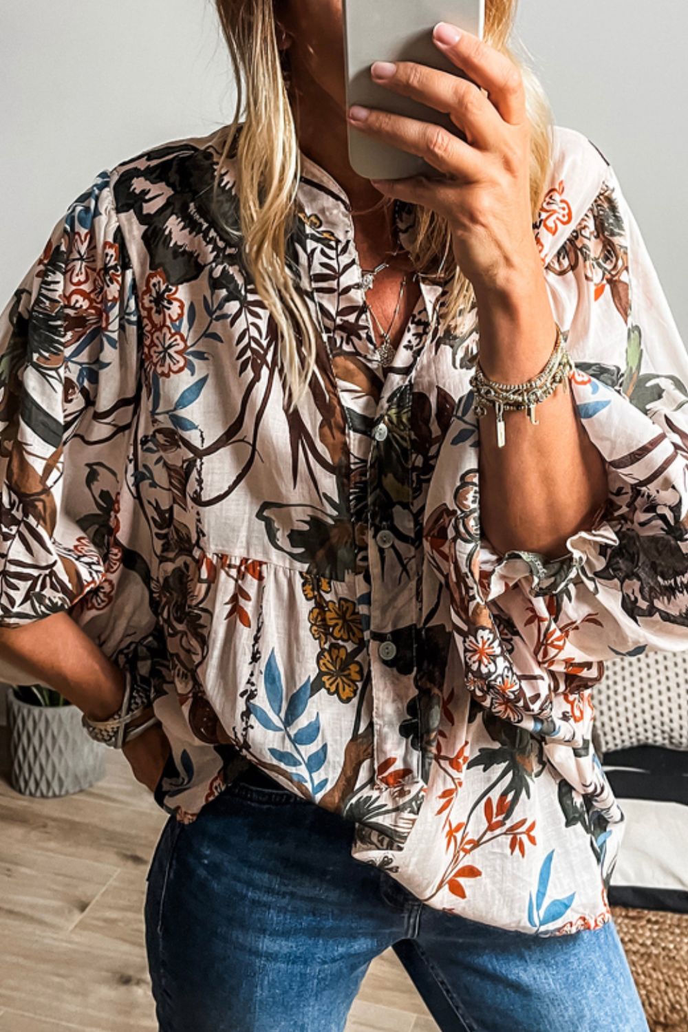 Printed Notched Flounce Sleeve Blouse - Charming Charlie