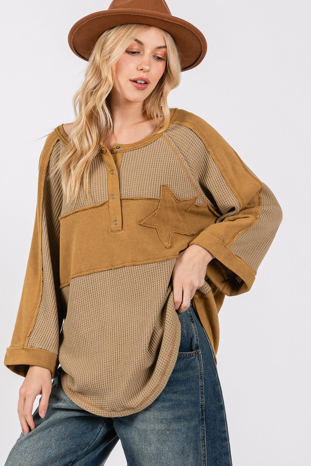 SAGE + FIG Star Applique Patch Exposed Seam Waffle Knit Top - Charming Charlie