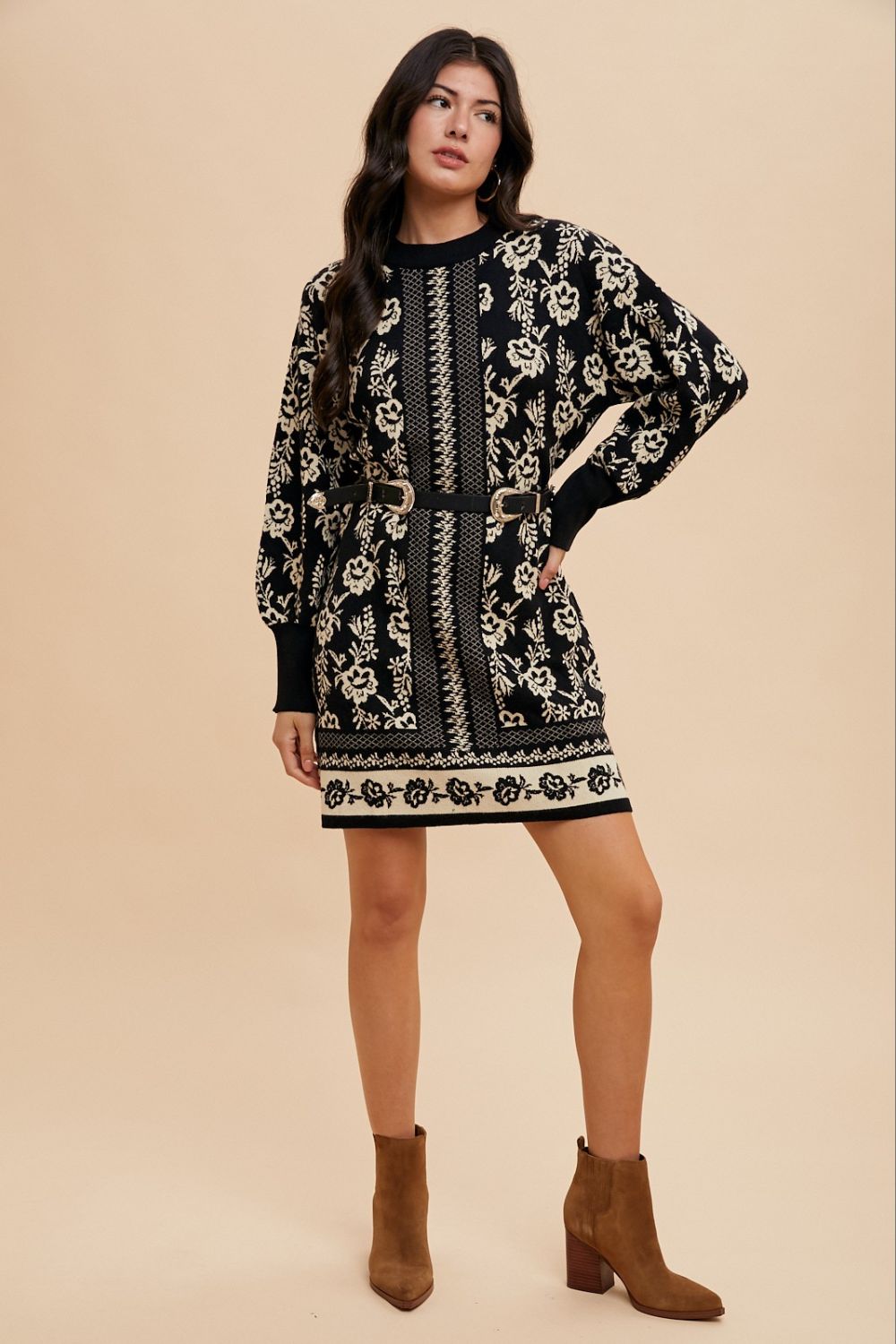 Annie Wear Floral Jacquard Round Neck Sweater Dress - Charming Charlie