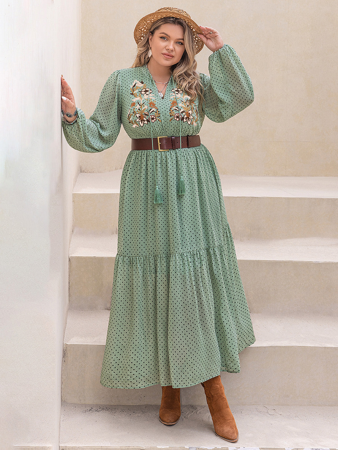 Plus Size Tassel Printed Tie Neck Long Sleeve Midi Dress - Charming Charlie
