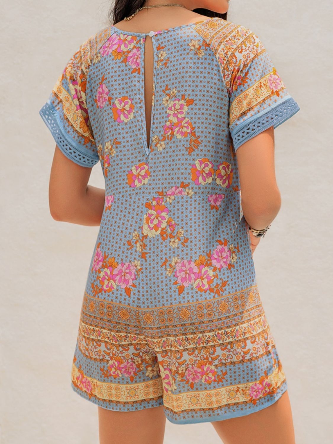 Printed V-Neck Short Sleeve Romper - Charming Charlie