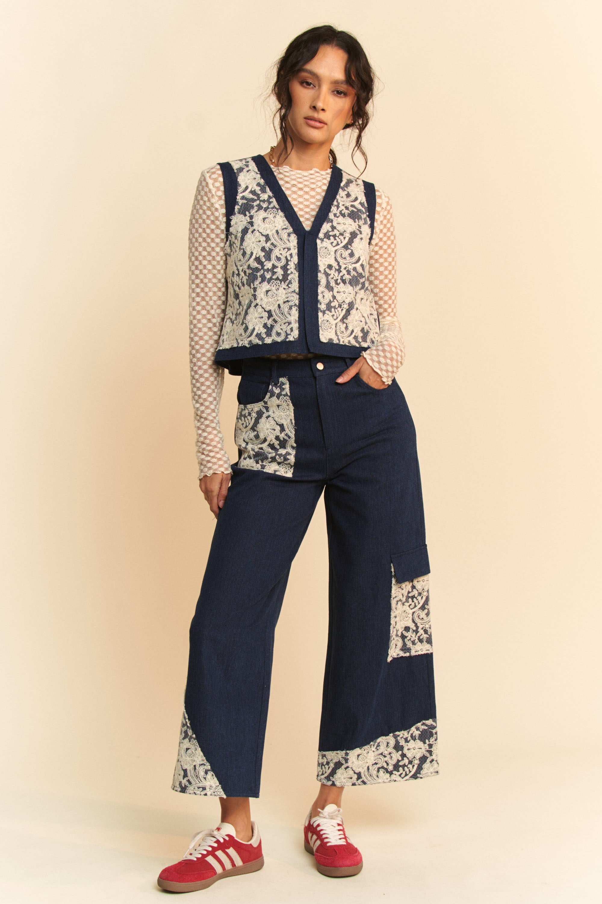 Davi & Dani Lace Patch Open Front Denim Vest - Charming Charlie
