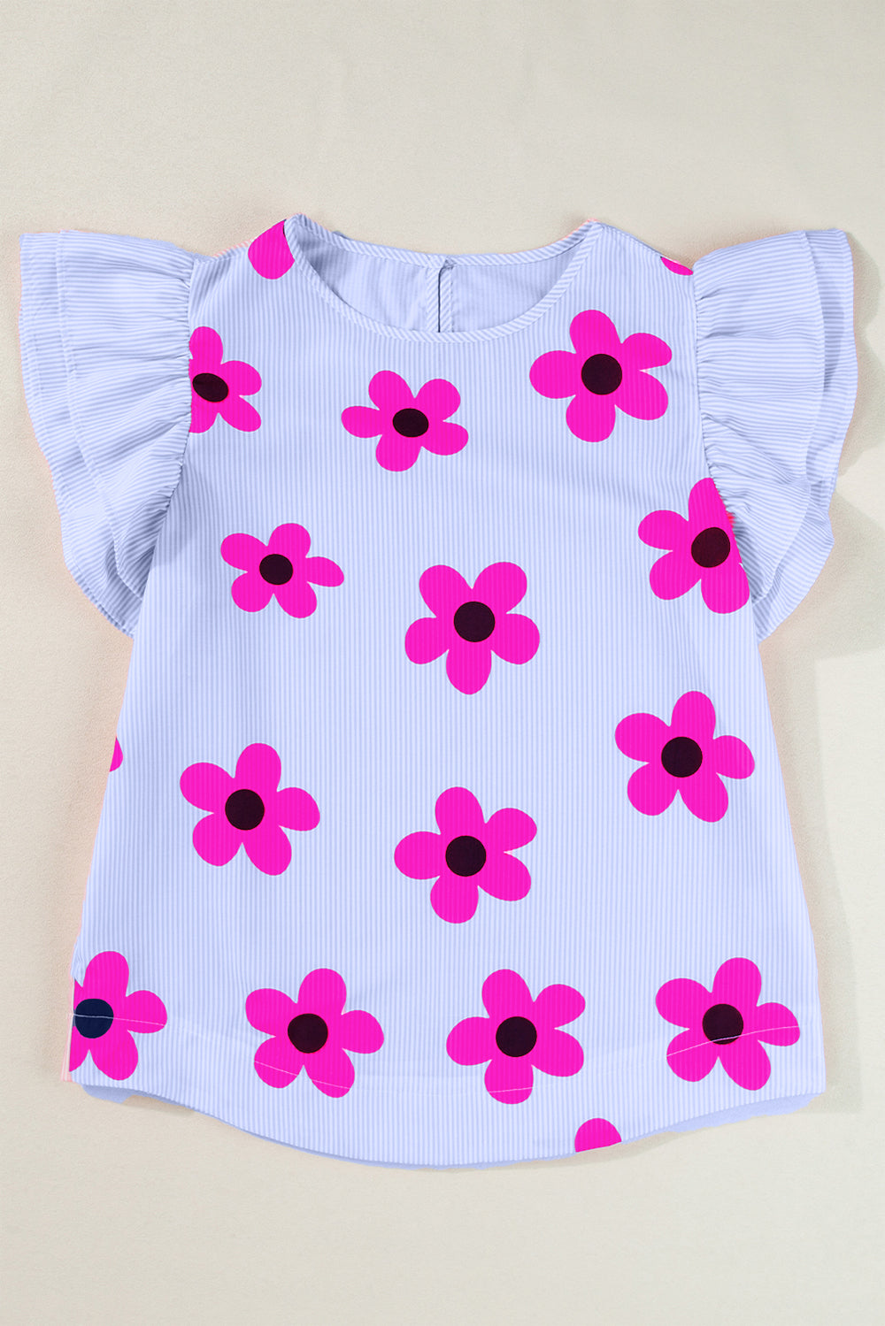 Ruffled Flower Printed Round Neck Cap Sleeve Blouse - Charming Charlie