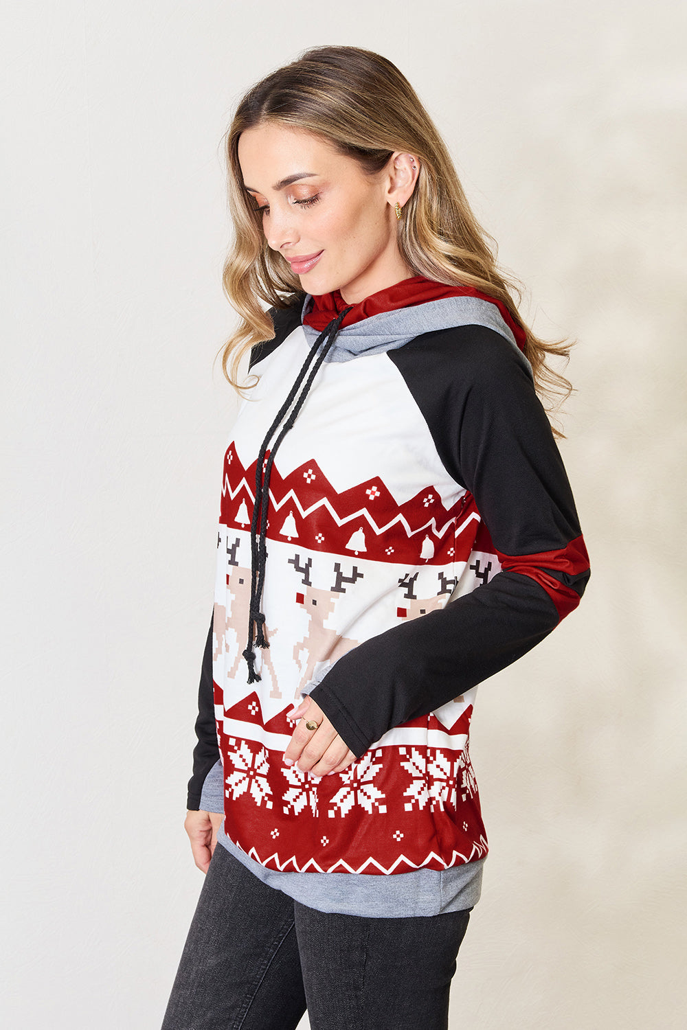 Double Take Full Size Christmas Drawstring Long Sleeve Hoodie - Charming Charlie