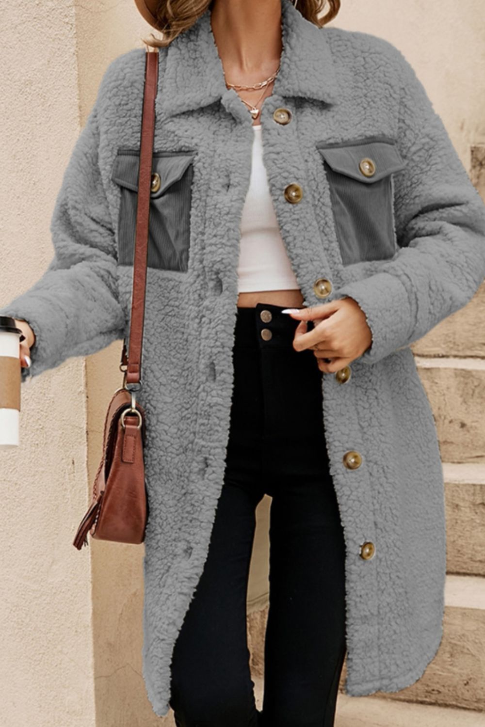 Collared Neck Long Sleeve Longline Teddy Jacket - Charming Charlie