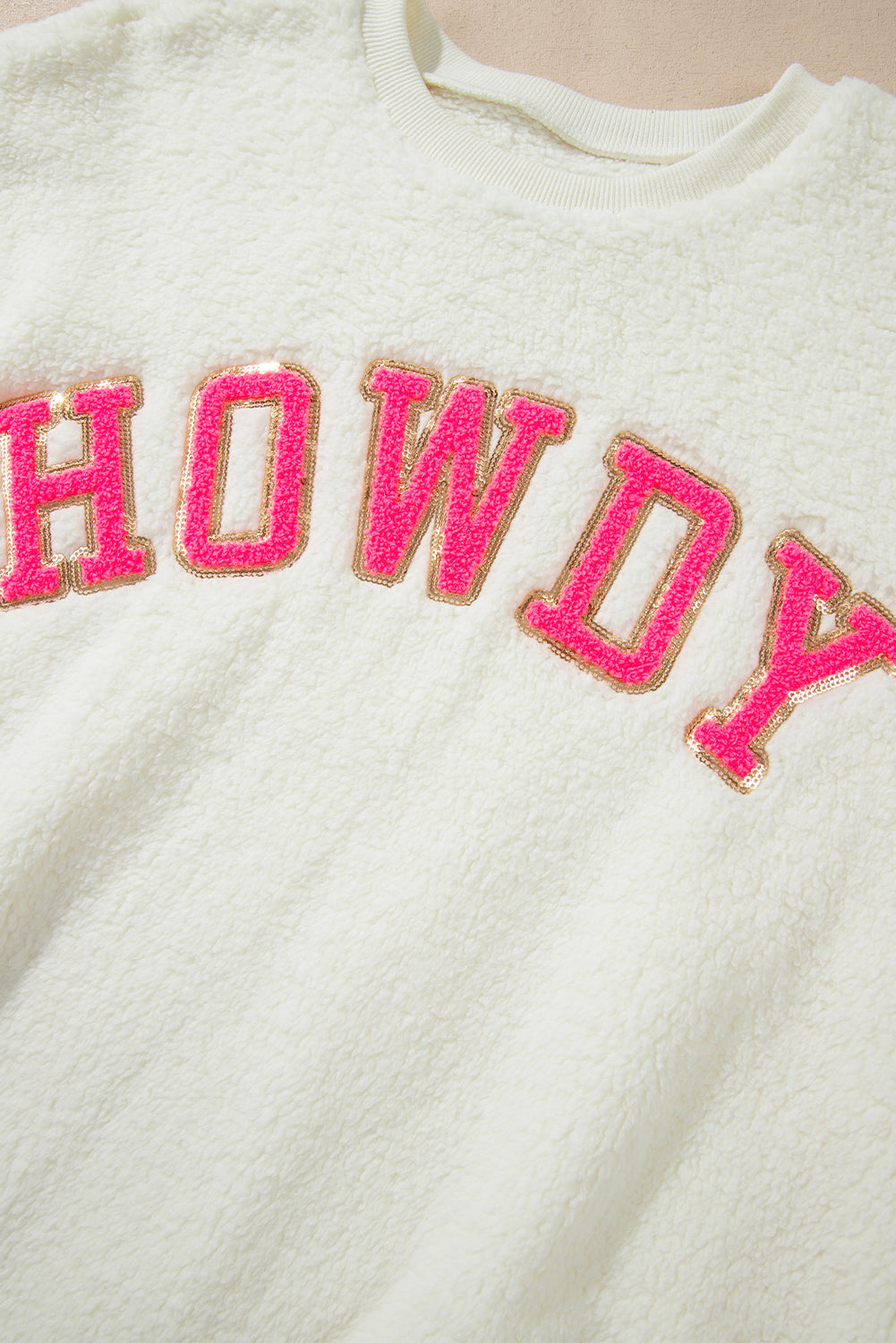 HOWDY Patched Round Neck Sherpa Sweatshirt - Charming Charlie