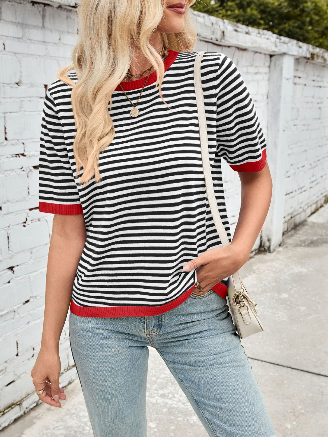 Lovelet Striped Contrast Round Neck Half Sleeve Knit Top - Charming Charlie