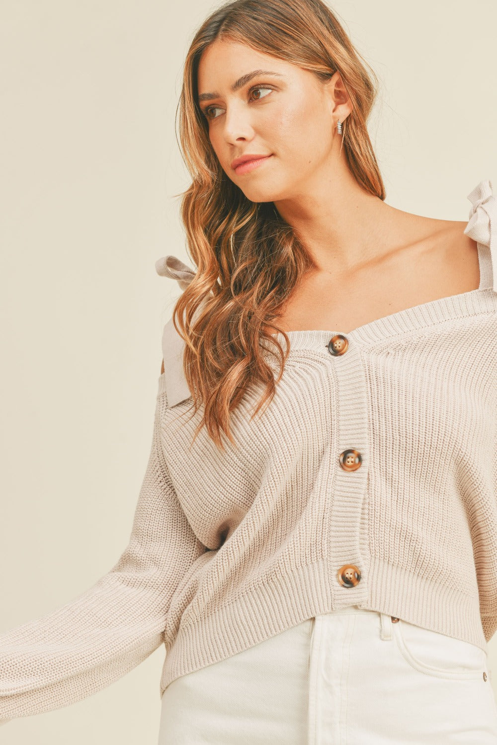 MABLE Off Shoulder Self Tie Strap Button Down Sweater - Charming Charlie