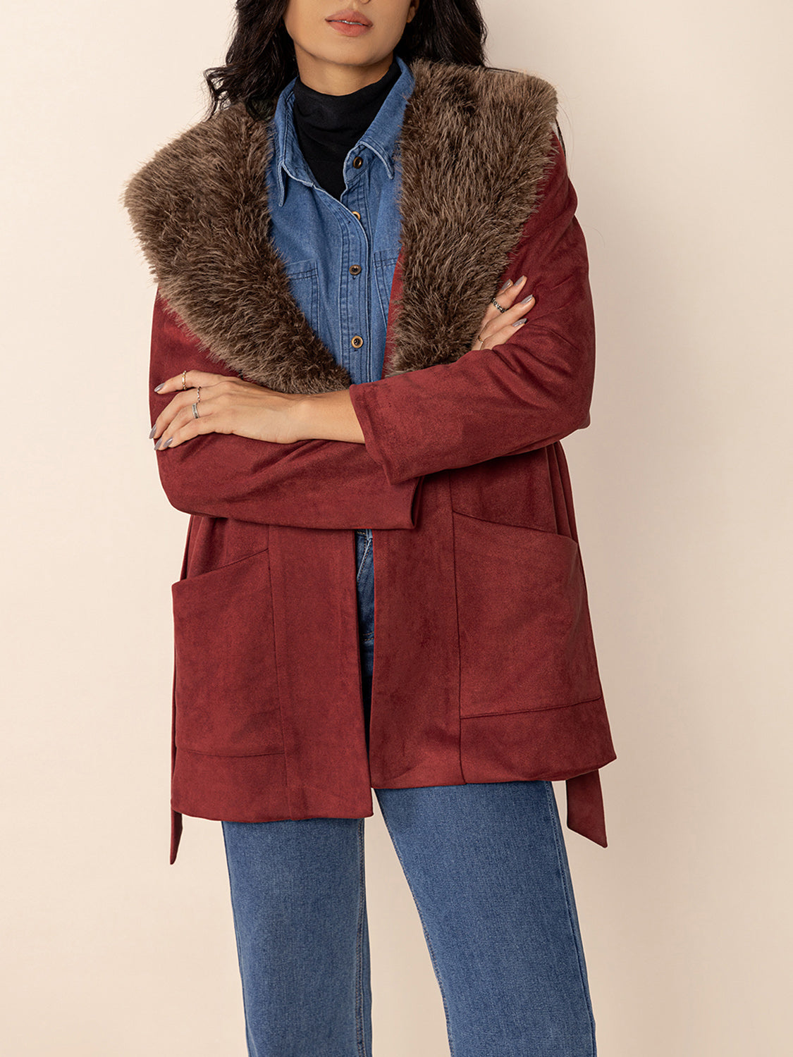 Fuzzy Collared Neck Tie Waist Jacket - Charming Charlie