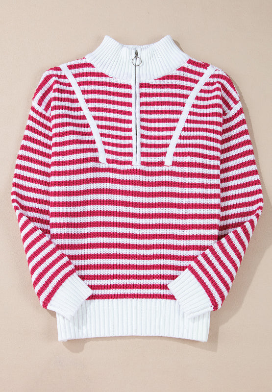 Striped Half Zip Mock Neck Long Sleeve Sweater - Charming Charlie