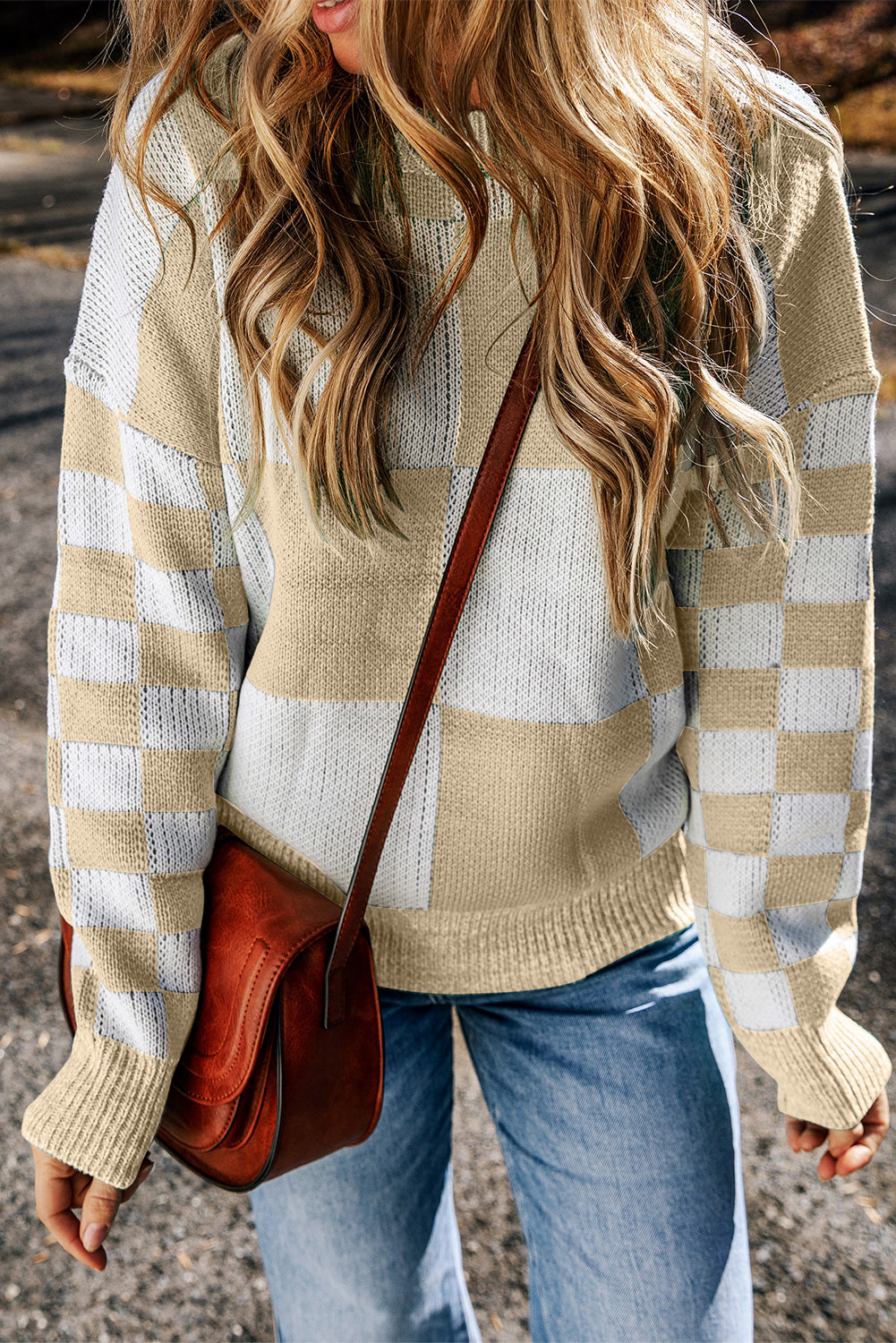 Checkered Round Neck Drop Shoulder Sweater - Charming Charlie