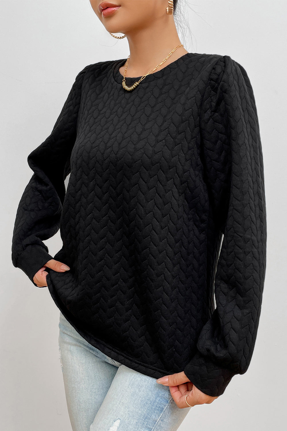 Texture Round Neck Long Sleeve Sweatshirt - Charming Charlie