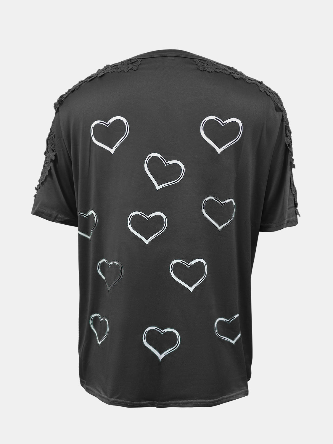 Full Size Lace Detail Heart Round Neck Short Sleeve Top - Charming Charlie