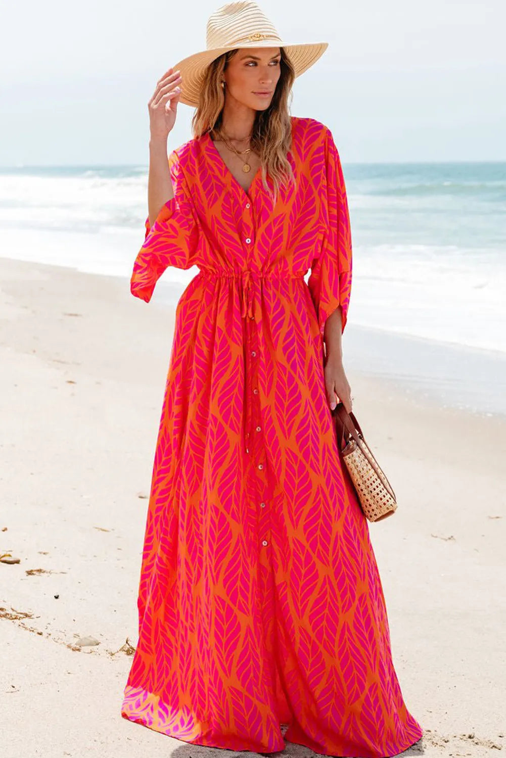 Drawstring Printed V-Neck Maxi Dress - Charming Charlie