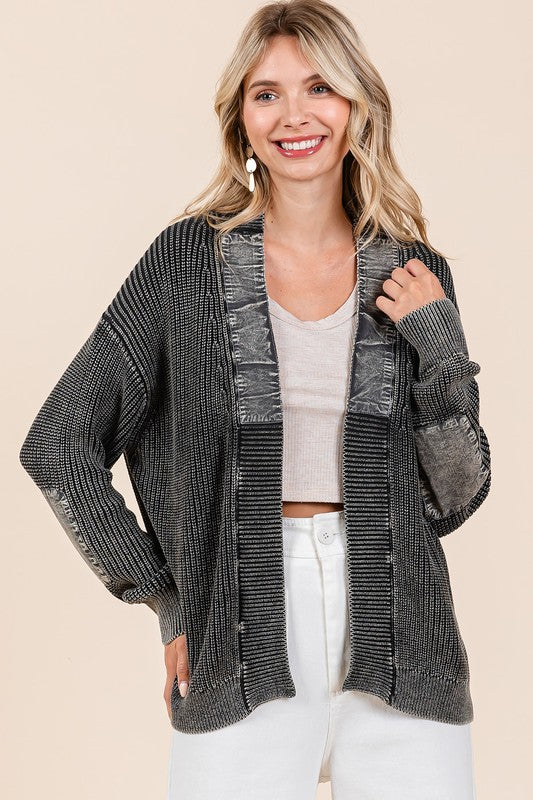 Mittoshop Contrast Patch Open Front Mineral Wash Cardigan - Charming Charlie