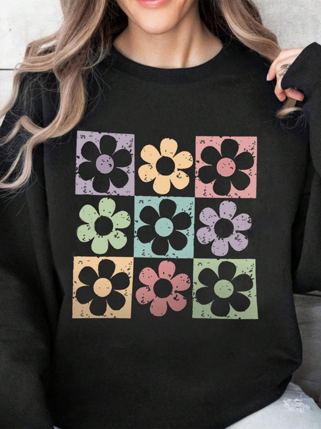 Flower Round Neck Long Sleeve Sweatshirt - Charming Charlie