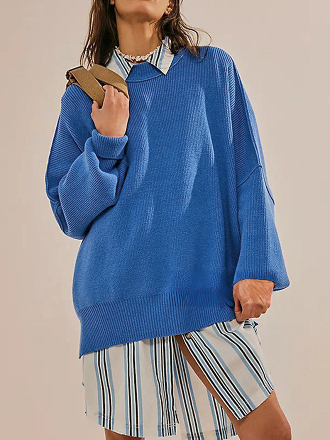 Round Neck Long Sleeve Sweater - Charming Charlie