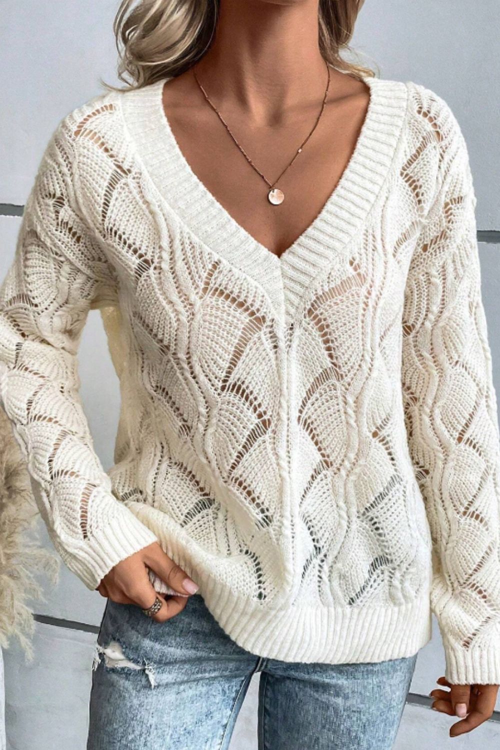 Openwork V-Neck Long Sleeve Sweater - Charming Charlie