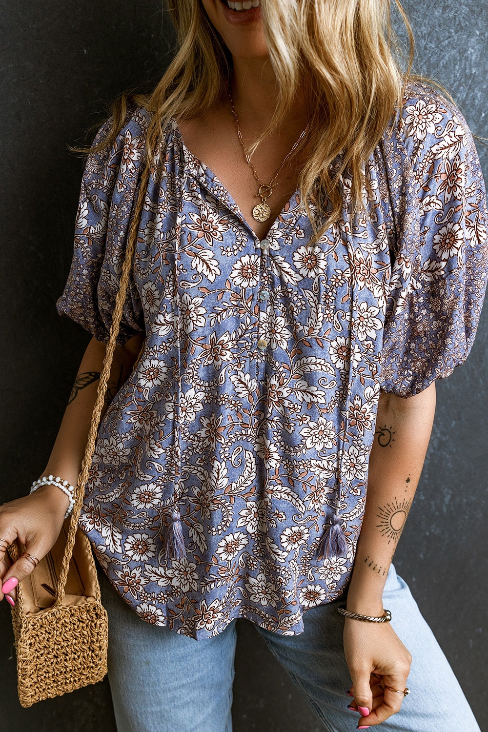 Printed Tie Neck Half Sleeve Blouse - Charming Charlie