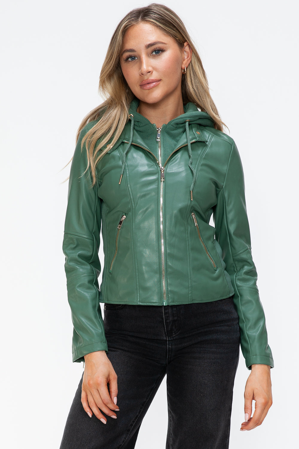 Snobbish Faux Leather Zip Up Drawstring Hooded Jacket - Charming Charlie