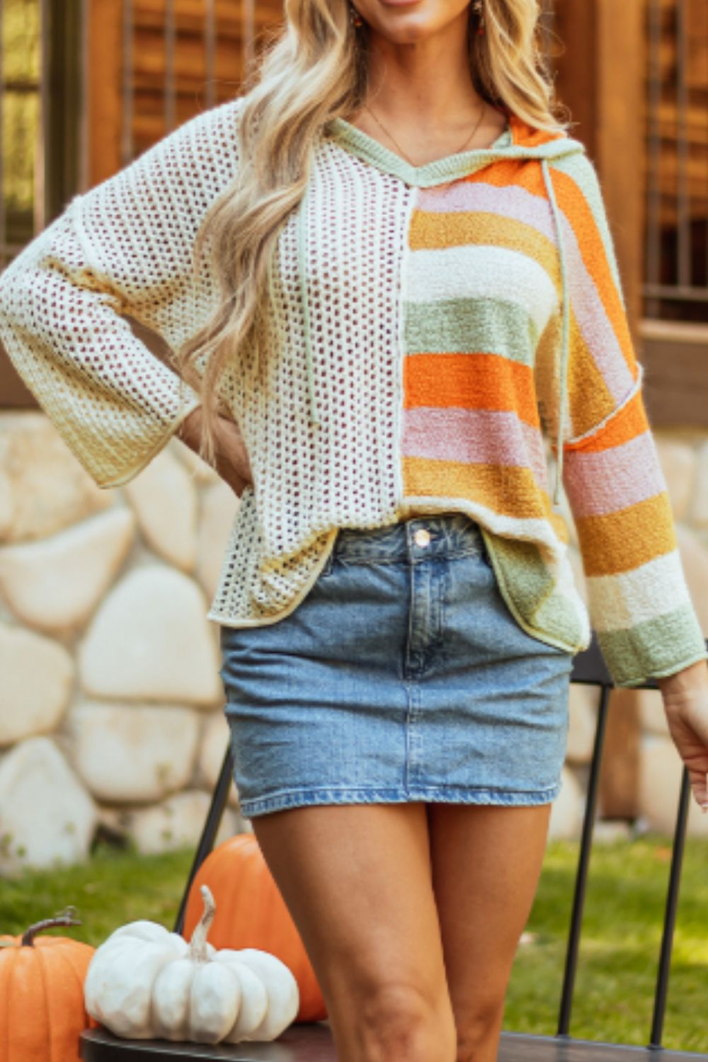 Openwork Color Block Hooded Sweater - Charming Charlie