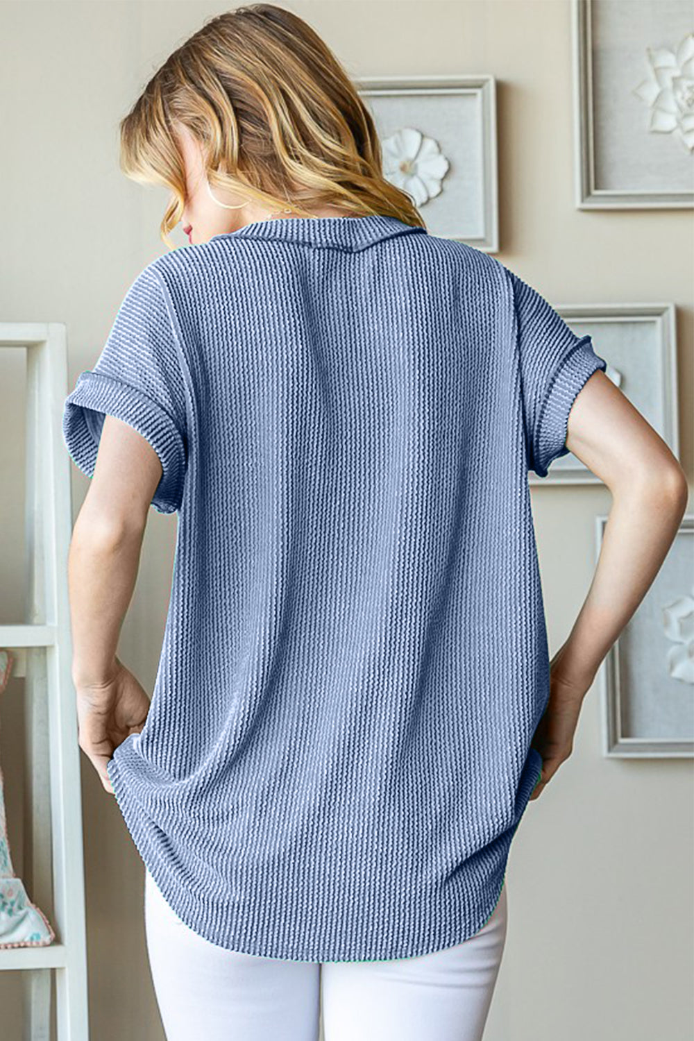 Heimish Full Size Front Pocket Short Sleeve Ribbed Top - Charming Charlie